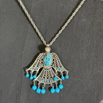Colar pingente falso turquesa Phoenix Peacock Thunderbird tom prateado - Imagem 1 de 4