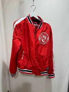 Superdry bomber jacket red mens size large with patches - Picture 1 of 11