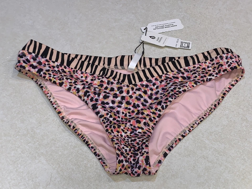 Sanctuary Womens Animal Print Hipster Bikini Bottom Lotus/Stripe Pink Large