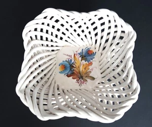 Vintage Sassano Italy white ceramic basket weave fruit bowl blue floral details - Picture 1 of 10