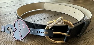  Cinturón Betsy Johnson XL brillante negro dorado hebilla con acento de moño de gema Foto 1 de 4