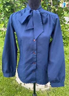 Vintage JC Penney Long Sleeve Polyester Navy Blue Button Up Blouse Medium - Image 1 of 4