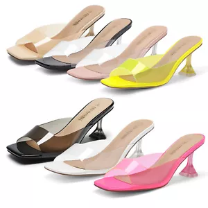 US Women Heeled Sandals Square Toe High Heel Mules Slip on Wedding Dress Sandals - Picture 1 of 42