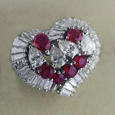 Raspberry Red Rubies With Shiny Clear Cubic Zirconia Pretty Heart Shape Ring - Image 1 of 4