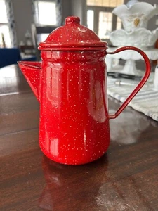 Vintage Red & White Speckled Enamel Coffee Pot approx. 8 ½” Cottage Decor - Picture 1 of 9