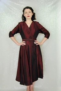 40s 50s Vintage Burgundy Brown Iridescent Taffeta Button Front Cocktail Dress-Sm - Picture 1 of 24