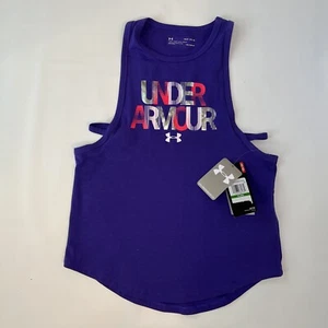 Under Armour Girls Youth YLG Tank Top Logo Graphic Silver/Purple Heatgear New! - Picture 1 of 6