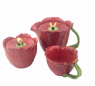 Vacher Ambiance Collection Fleur Rouge Tetera Amapola Roja Plato de Azúcar Juego de Crema Foto 1 de 4