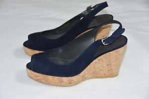 STUART WEITZMAN Navy Blue Suede Slingback Cork Wedge Peep-toe Sandals Size 7 - Picture 1 of 6