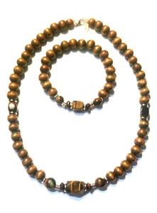 Men's Tiger Eye and Wood Protection Necklace and Bracelet Set - Picture 1 of 4
