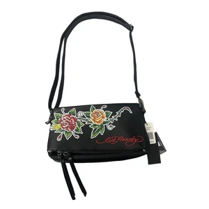Ed Hardy Foldover Crossbody Bag  Sparkling Roses Black/print New - Picture 1 of 17