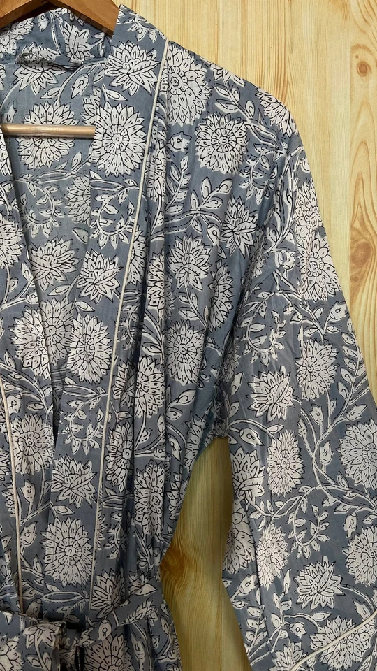 Cotton Kimono Robe Dressing Gown, Block Print Bridesmaid Robe, Summer Nightwear - Image 1 of 4