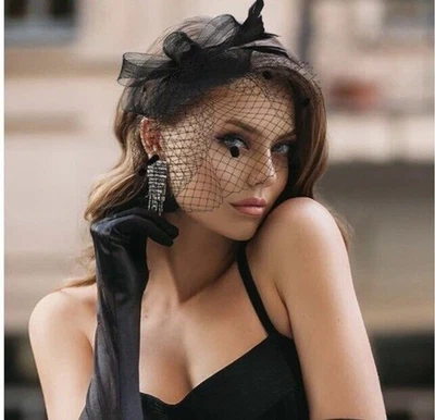 Black Feather Mesh Fascinator Veil Hat Hair Clip Band Wedding Tea Cocktail Party - Image 1 of 4