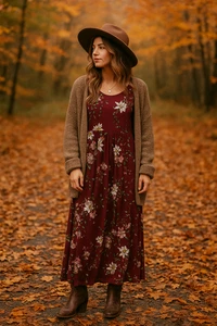 Womans Maxi Dress Large Burgundy Boho Romantic Cottagecore Festival Stretch Fall - Picture 1 of 12