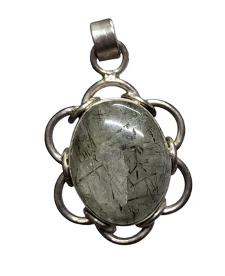 4.4cm Sterling 925 Pendente Argento Naturale Grigio Rutilato Quarzo Gemma - Immagine 1 di 4