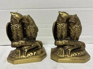 Vintage schwere Messing Eulen auf Ast Buchstützen liebevolles Paar Gold - Bild 1 von 5