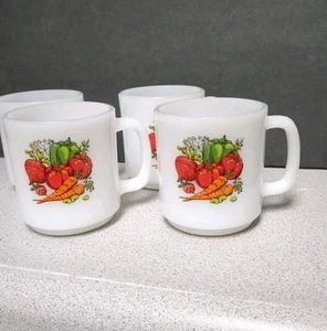 Vintage Retro 1950s GLASBAKE Coffee Mug Cup Vegetables Pattern Milk Glass 4 Pcs - Picture 1 of 7