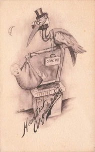 A/S COBB SHINN BIRTH CONGRATULATIONS POSTCARD STORK BABY IN BLANKET 1909 100625 - Picture 1 of 2