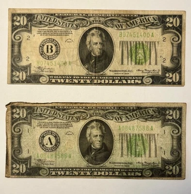 1934 $20 Twenty Dollar Federal Reserve Notes • Lot of 2 • Circulated Currency - Image 1 of 4