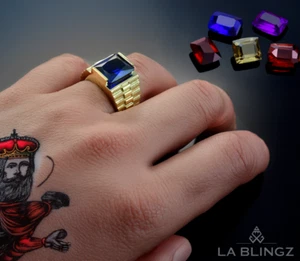 10K Yellow Gold Mens Square CZ Birthstone Watchband Ring - Picture 1 of 36