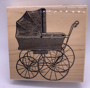 Hampton Art Rubber Stamp Baby Carriage Old Fashioned Pram Wood Mounted DF 2544