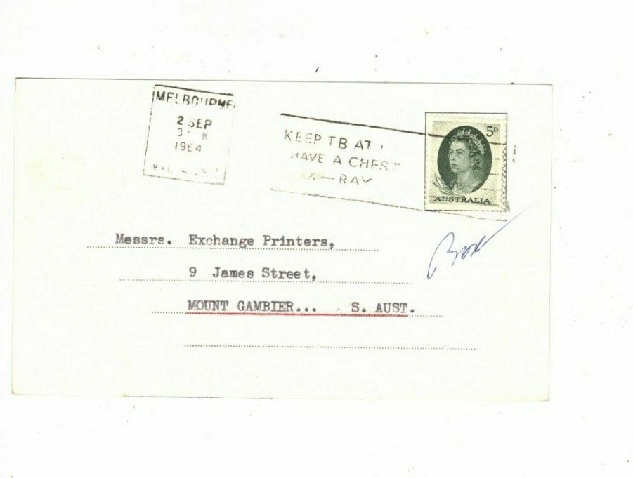 Australia 1964 5d Cover SLOGAN CANCEL" KEEP TB at BAY, HAVE a CHEST XRAY" - Image 1 of 1