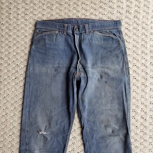 Vtg Roebucks Mens Selvedge Denim Gripper Zipper Distressed Jeans 1950s - 35x32 - Picture 1 of 21