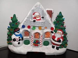 Vintage Ceramic Mold Christmas Tree Santa & Snowman Cottage House Lighted READ - Picture 1 of 24