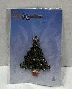 Broche prendedor vintage de árbol de Navidad esmaltado en tono dorado de TH 2003 - Imagen 1 de 3