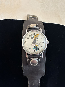 Vintage Minnie Mouse Watch Leather Strap Walt Disney Productions 1960s