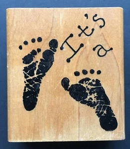 VTG IT'S A BABY FEET MARK SYMBOL GENDER REVEAL Embossing Arts Wood Rubber Stamp - Picture 1 of 4