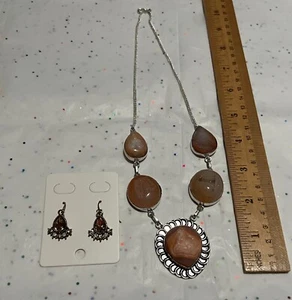 NWOT Peach Gemstone Druzy 925 Silver Plated Necklace + Peach Rhinestone Earrings - Picture 1 of 18