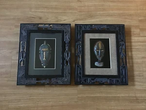 AFRICAN TRIBAL MASKS IN MATTED SHADOW BOX W/ ETCHED/CARVED WOOD FRAME SET OF 2 - Picture 1 of 11