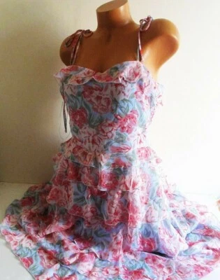 Vestido midi con volantes en capas de chifón WAYF talla grande 1X lazo al hombro azul rosa  Foto 1 de 4