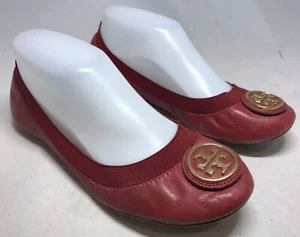 Tory Burch Red Leather Gold Logo Caroline Ballet Flats Size 7.5 Classic Beauty! - Picture 1 of 5