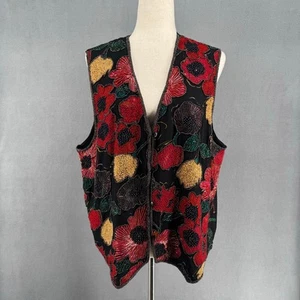 Vintage 80s 90s Styleworks Silk Beaded Floral Vest Womens L? No Size Red Black - Picture 1 of 9