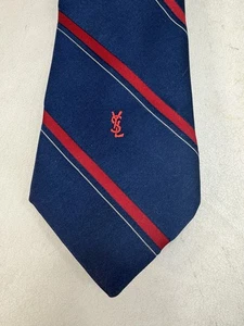 YVES SAINT LAURENT PARIS Vintage Designer SILK TIE STRIPE YSL DEEP NAVY RED - Picture 1 of 4