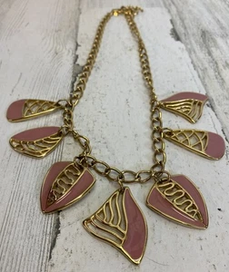 Vtg Monet Dangle Necklace Gold Tone Mauve Color Abstract Modernist Charms - Picture 1 of 7