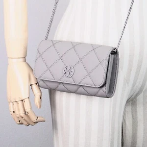 Tory Burch WILLA Matte Gray Quilted PU Chain Wallet Crossbody Clutch Bag 150059 - Picture 1 of 9