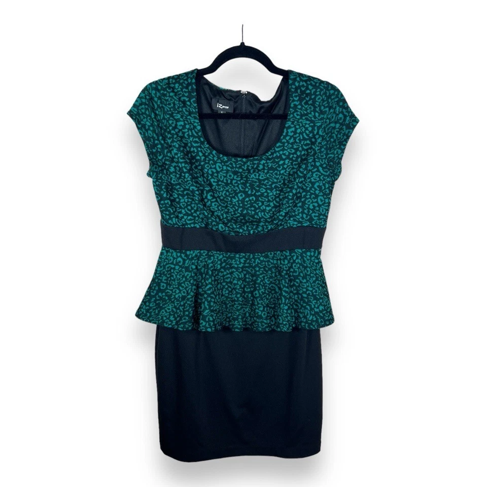 Y2K SIZE 11 JUNIORS GREEN BLACK LEOPARD PRINT PEPLUM DRESS SHORT SLEEVE EVENT - Image 1 of 4