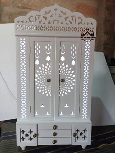 Templo de madera Mandir blanco acabado LED artesanal Mandir Pooja Ghar Mandapt - Imagen 1 de 6