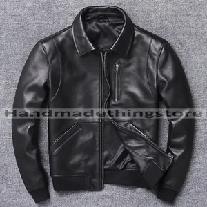 Retro Black Biker Vintage Bomber Cafe Racer Motorcycle Real Leather Jacket Men's - Picture 1 of 5