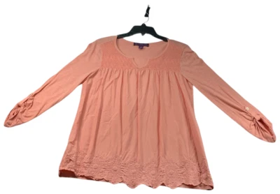 Blusa Gloria Vanderbilt para mujer talla pequeña naranja manga 3/4 cuello en V bordado Foto 1 de 4