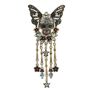 Magic Arcane Mystic Butterfly Wing Skull Amulet Rhinestone Brooch Jewelry - Picture 1 of 3