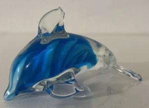 Art Glass Dolphin Sculpture Paperweight Figurine Blue White Swirl Hand Blown 4” - Picture 1 of 6