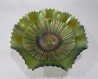 ANTIQUE NORTHWOOD GREEN CARNIVAL GLASS STIPPLED RAYS BOWL IRIDESCENT