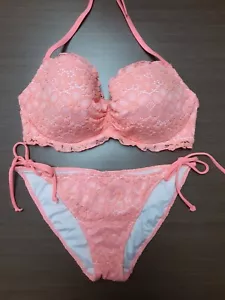 Victoria's Secret Coral Spitzen-Bikini seitlich Crunch Butt - Oberteil 36D, Unterteil L - Bild 1 von 5