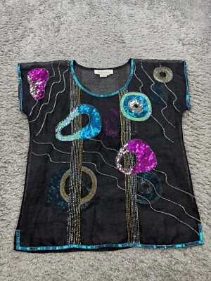 Argenti Top Women Medium Black Silk Sequin Beaded Artsy Whimsigoth Fairy Vtg - image 1 of 4