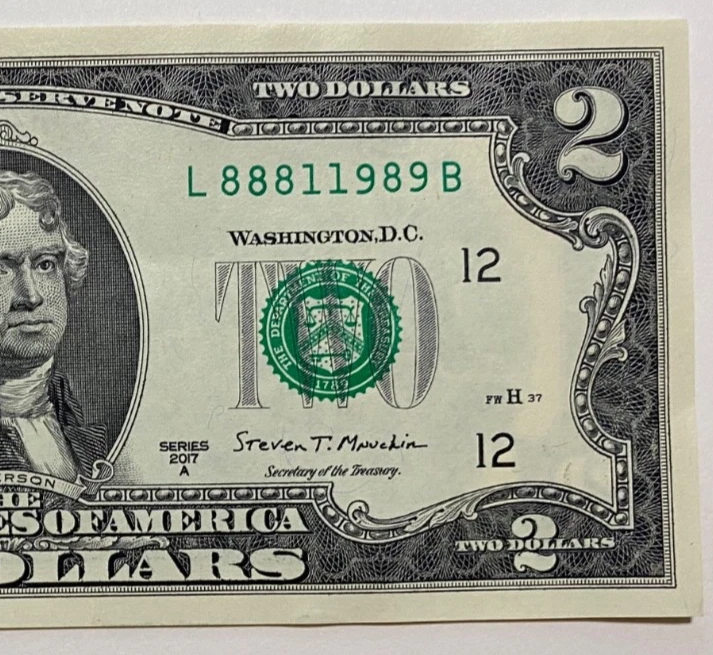 Billete de dos dólares B 1 de agosto de 1989 L 88811989 (__8/1/1989) *UNC* Foto 1 de 4