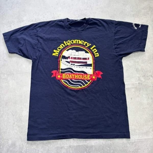 Vintage T Shirt Mens Large Navy Blue Single Stitch Graphic Print 90s USA (E) - Picture 1 of 6